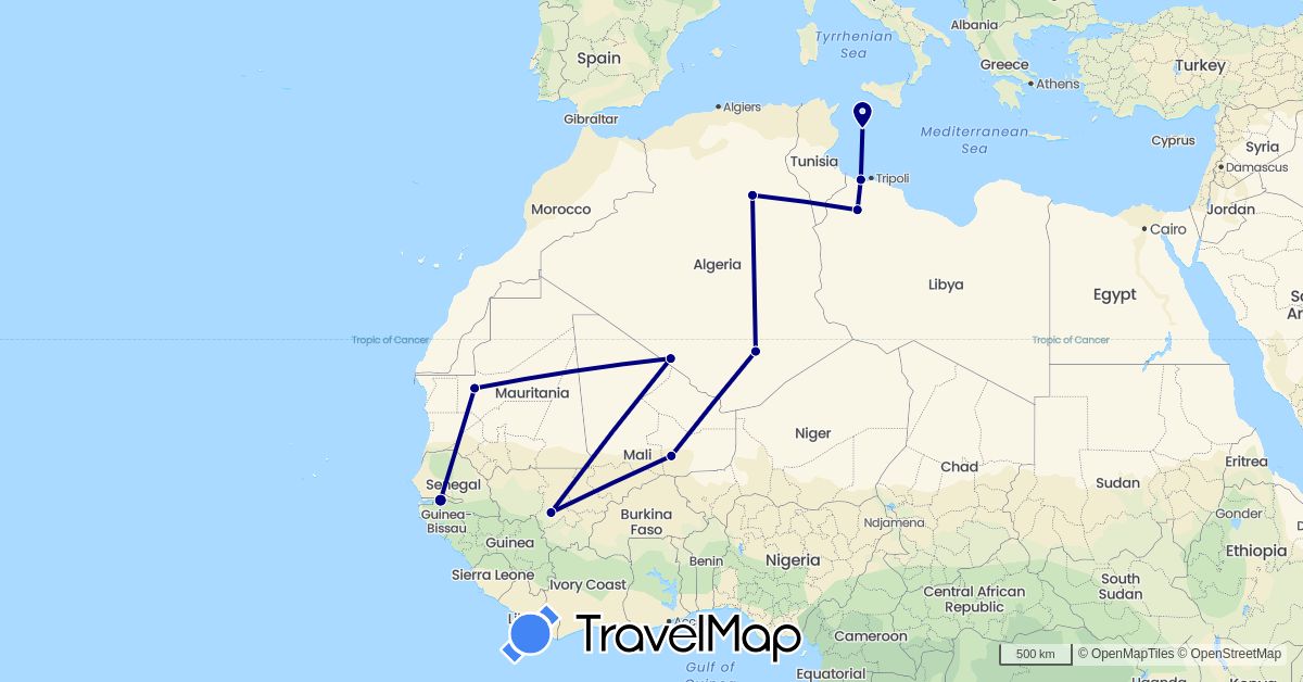TravelMap itinerary: driving in Algeria, Gambia, Italy, Libya, Mali, Mauritania (Africa, Europe)